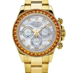 Rolex Daytona Yellow Gold Orange Sapphire Bezel MOP 116578SACO